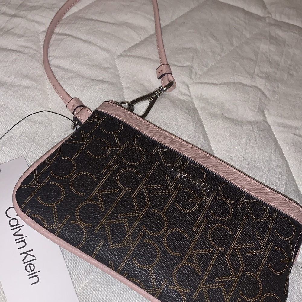 Calvin Klein Pink and Brown Clutch with Monogram Pattern